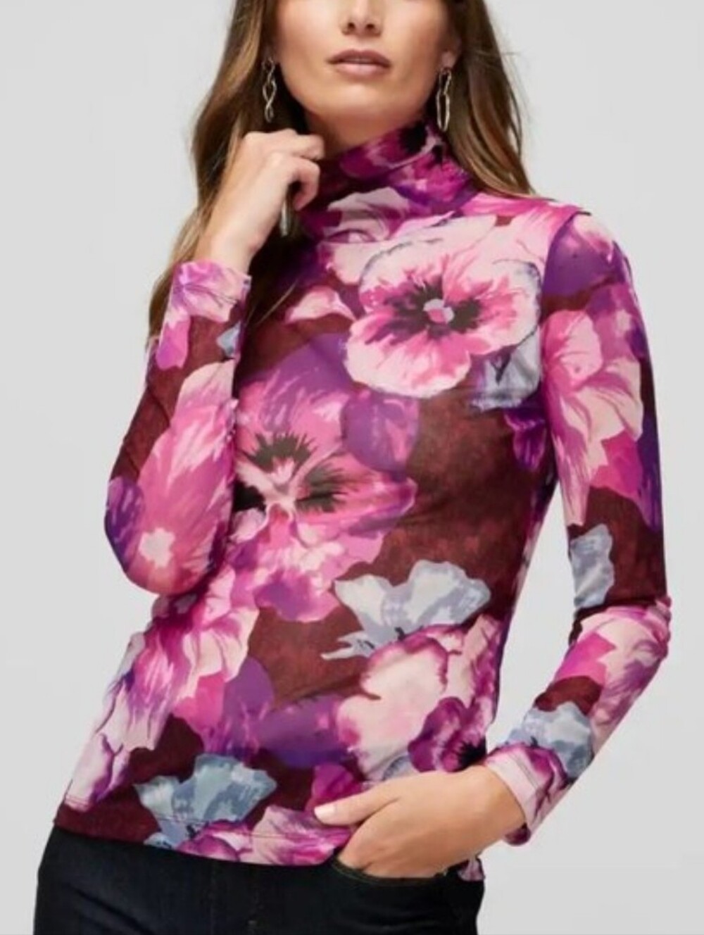 WHBM Ling Sleeve Mesh Turtleneck Top Large Pink Purple Pansy Print